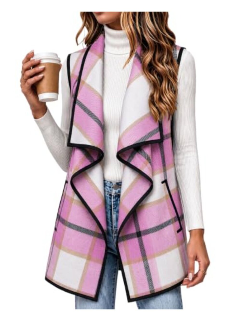 Women's Plaid Flannel Long Vest Sleeveless Jacket with Pockets